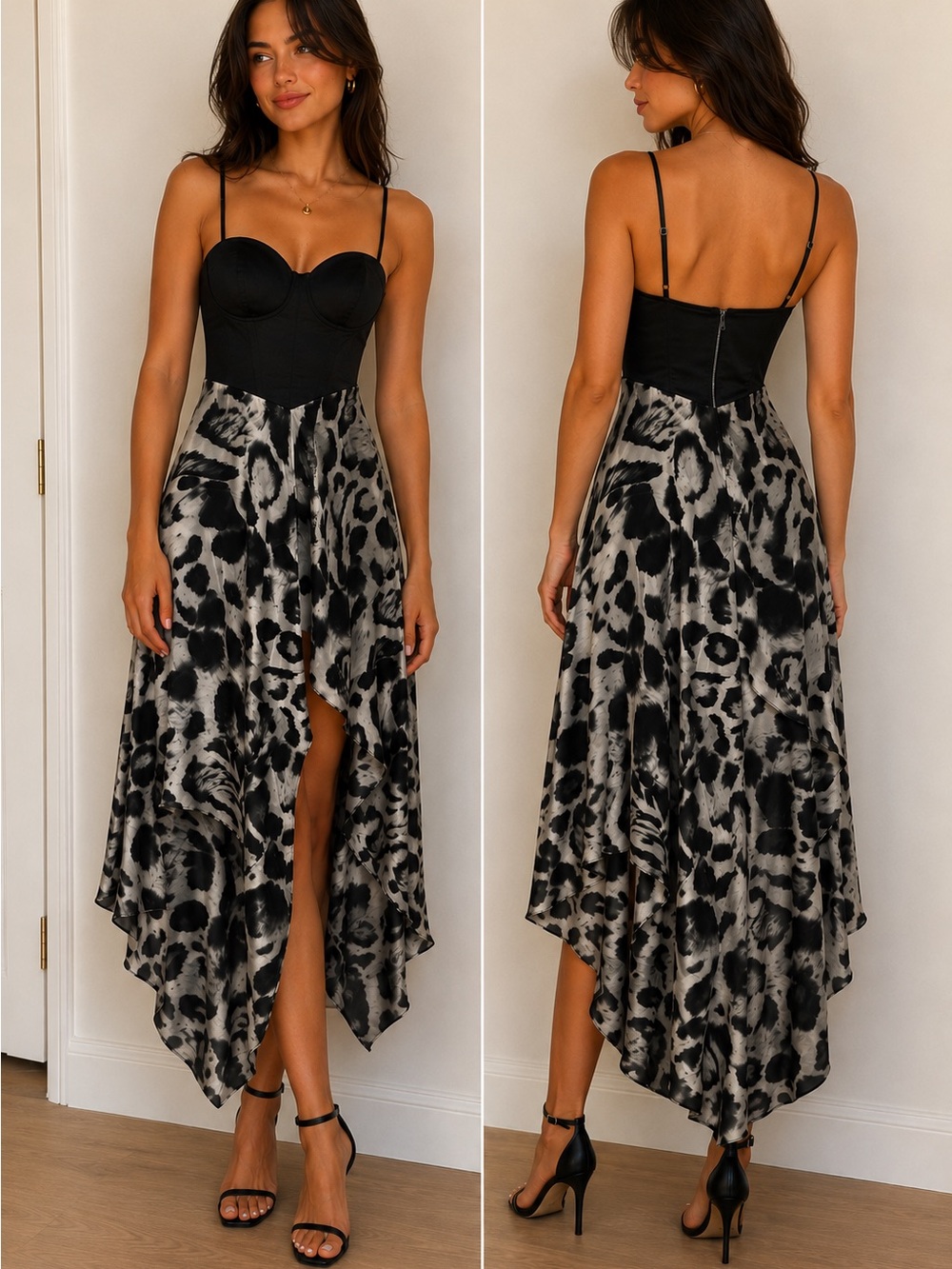 Guess Black Bustier with Leopard High-Low Dress